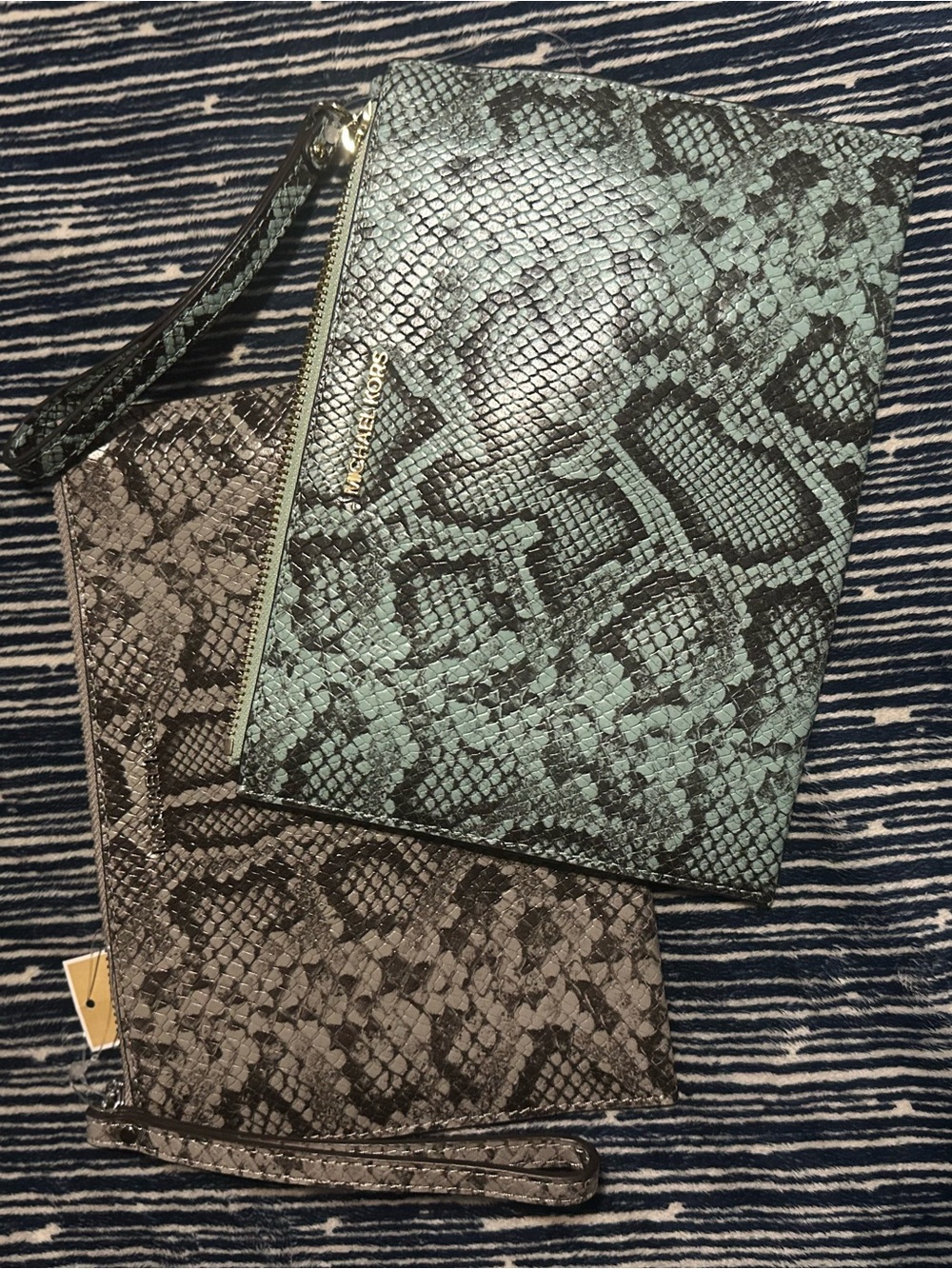 Michael Kors Mint Green and Black Snake-Print Wristlet Clutch